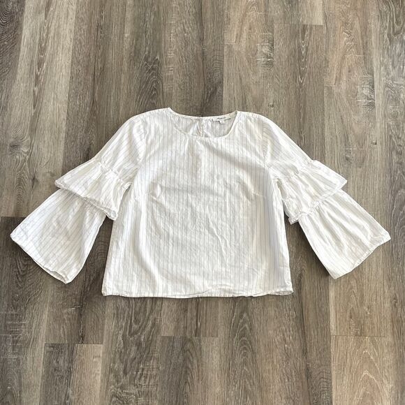 Madewell Pinstriped Ruffled White and Gray Top - Size: Medium - Picture 7 of 11